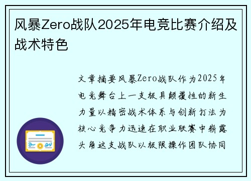 风暴Zero战队2025年电竞比赛介绍及战术特色